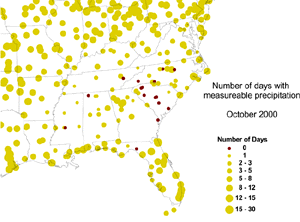 Number of Days with Measureable Precipitation, October 2000