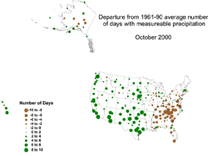 Departure from Normal Number of Days with Measureable Precipitation, October 2000