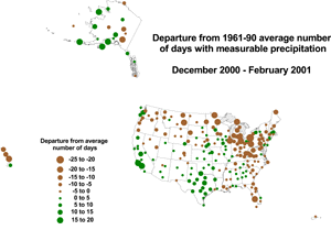 Click here for graphic showing Departure from Normal Number of Days with Measureable Precipitation Map, December 2000-February 2001