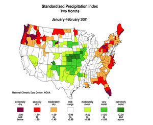 Click here for graphic showing U.S. January-February 2001 Standardized Precipitation Index Map