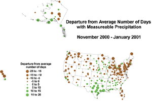 Click here for graphic showing Departure from Normal Number of Days with Measureable Precipitation Map, November 2000-January 2001