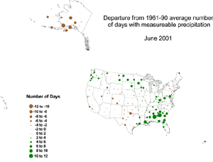 Click here for graphic showing Departure from Normal Number of Days with Measureable Precipitation Map, June 2001