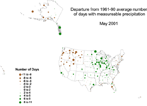 Click here for graphic showing Departure from Normal Number of Days with Measureable Precipitation Map, May 2001