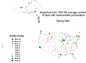 Click here for graphic showing Departure from Normal Number of Days with Measureable Precipitation Map, March-May 2001