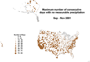 Click here for map showing Maximum Number of Consecutive Days with No Measureable Precipitation for September - November 2001