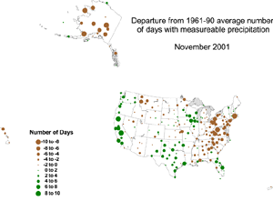Click here for map showing Departure from Normal Number of Days with Measureable Precipitation for November 2001