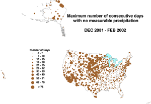 map showing Maximum Consecutive Number of Days with No Measureable Precipitation for Winter (December-February) 2002