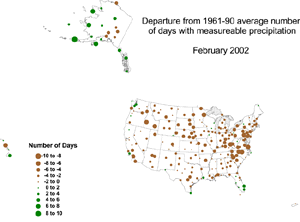 map showing Departure from Normal Number of Days with Measureable Precipitation for February 2002