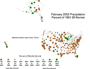 map showing Percent of Normal Precipitation for February 2002