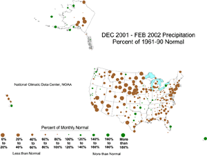 map showing Percent of Normal Precipitation for Winter (December-February) 2002