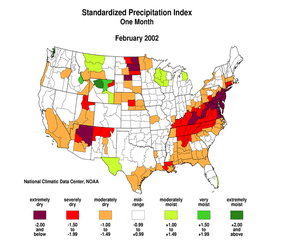 map showing One-Month Standardized Precipitation Index, February 2002