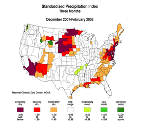 map showing Three-Month Standardized Precipitation Index, December 2001-February 2002