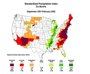 map showing 6-Month Standardized Precipitation Index, September 2001-February 2002