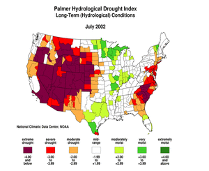 map showing the Palmer Hydrological Drought Index