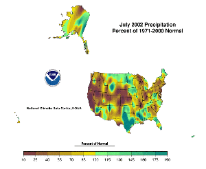 contour map showing Percent of Normal Precipitation for July 2002