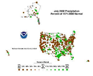 dot map showing Percent of Normal Precipitation for July 2002