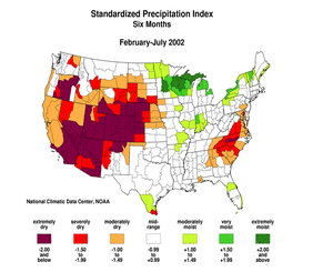 map showing 6-month Standardized Precipitation Index, Feb-Jul 2002