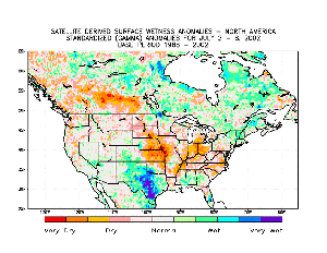 map showing satellite-based surface wetness anomalies for July 2-8, 2002