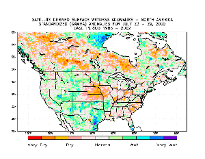 map showing satellite-based surface wetness anomalies for July 23-29, 2002