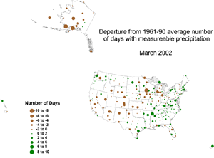 Click here for map showing Departure from Normal Number of Days with Measureable Precipitation for March 2002