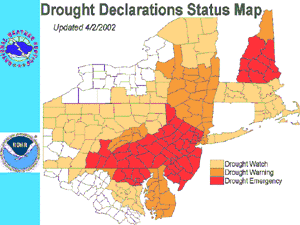 Click here for National Weather Service map showing Mid-Atlantic and New England County Drought Disaster Declarations, April 2, 2002