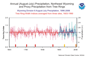 Paleoclimatic tree-ring reconstruction and observed precipitation for Wyoming Division 6 for the total period 1603-2006