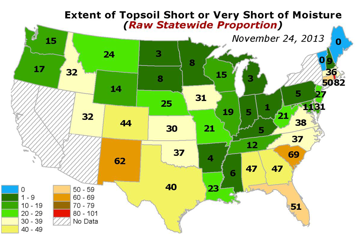 USDA statewide topsoil moisture percentages short or very short