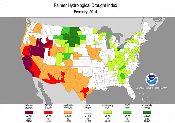 February 2014 Palmer Hydrological Drought Index