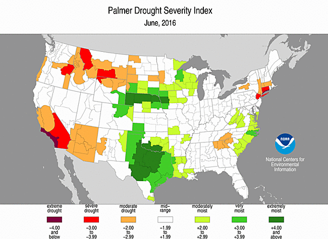 June 2016 Palmer Drought Severity Index