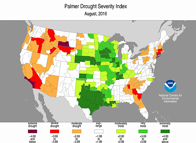 August 2016 Palmer Drought Severity Index