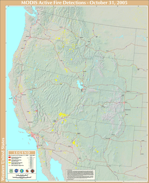 NASA MODIS image of western U.S. burned areas as of 31 October 2005