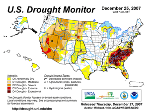 U.S. Drought Monitor map from 25 December 2007