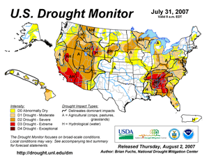 U.S. Drought Monitor map from 31 July 2007
