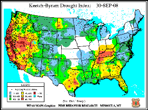 Keetch–Byram Drought map from 30 September 2008
