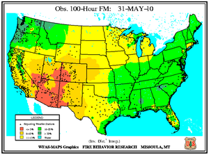 100-hr Dead Fuel Moisture Map on 31 May 2010