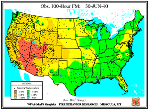 100-hr Dead Fuel Moisture Map on 30 June 2010