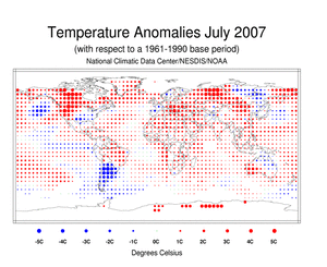 July's Blended Land and Sea Surface Temperature Anomalies in degrees Celsius