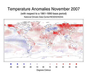 November's Blended Land and Sea Surface Temperature Anomalies in degrees Celsius