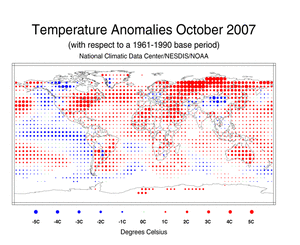 October's Blended Land and Sea Surface Temperature Anomalies in degrees Celsius
