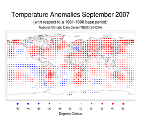 September's Blended Land and Sea Surface Temperature Anomalies in degrees Celsius
