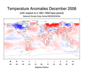 December's Blended Land and Sea Surface Temperature Anomalies in degrees Celsius