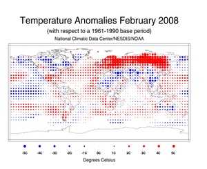 February's Blended Land and Sea Surface Temperature Anomalies in degrees Celsius