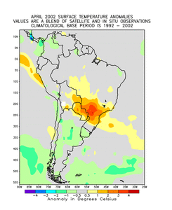 Temperature anomalies across South America for April 2002