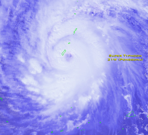 a infrared satellite image of super Typhoon Pongsona as it neared Guam on December 8, 2002 