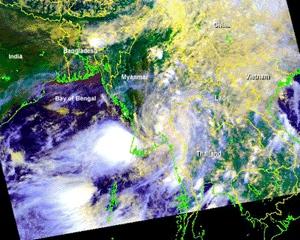 Click Here for a satellite image of tropical cyclone 02B inland across Myanmar