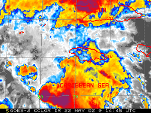 Infrared satellite animation of showers and thunderstorms which brought flooding to Jamaica