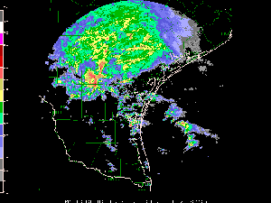 a radar animation of severe tornadic thunderstorms over deep south Texas on October 24, 2002