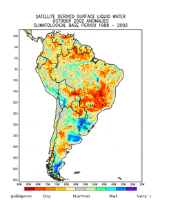 satellite dervied surface wetness anomalies across South America during October 2002