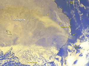 a satellite image of dust affecting the Australian Outback on October 23, 2002