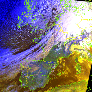 a satellite image of a powerful storm system that affected Europe in late October 2002